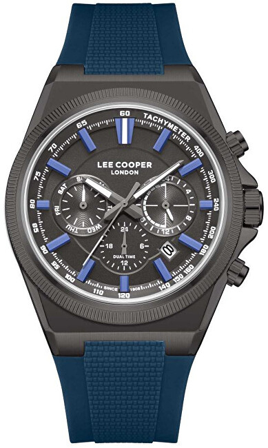 Orë burrash Lee Cooper LC08304.069, 43mm, rrip lëkure, e zezë blu