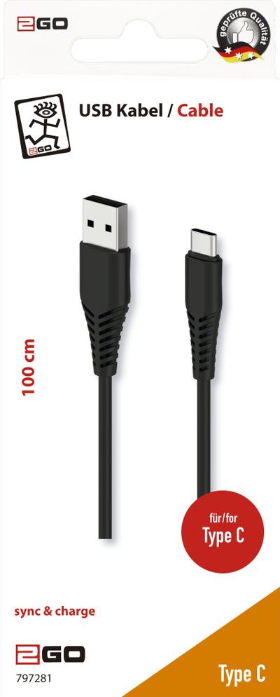 Kabllo USB 2GO 797281, USB A në USB C, 1 m, e zezë