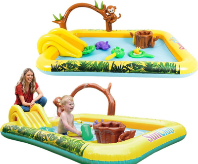 Надувачки базен за деца Jungle Pool Playground, со лизгалка, со распрскувач за вода, шарен