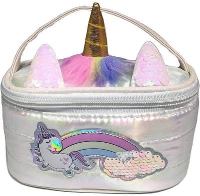 Çantë kozmetike Puff Unicorn, me njëbrirësh, e bardhë
