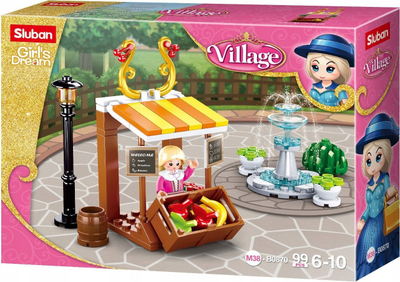 Set blloqesh Sluban Fruit Stall Friends Shop, tezge frutash, me figurina, shumëngjyrësh