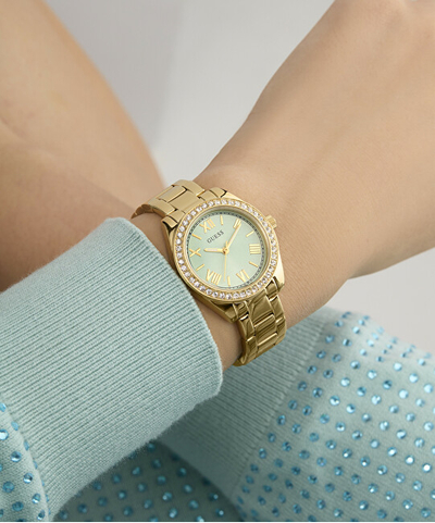 Ora dore GUESS Gold Tone Analog, 30mm, rezistente ndaj ujit 30m, ari