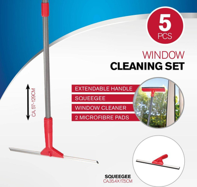 Set pastrimi dritaresh Dirt Devil Window Cleaning Set, 5 pjesë, dorezë teleskopike 57–129 cm, gri e kuqe