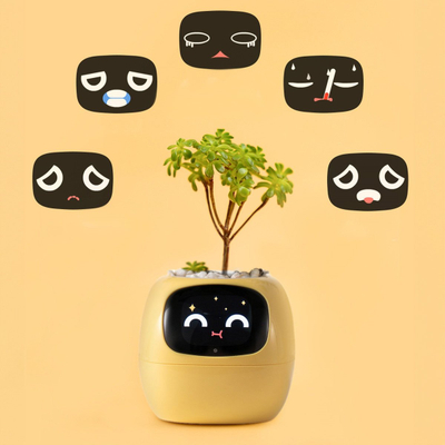 Vazo inteligjente PLANTSIO Smart Pet Planter Robot, udhëzues për përkujdesjen e bimëve, ndërvepron me emoji, e verdhë