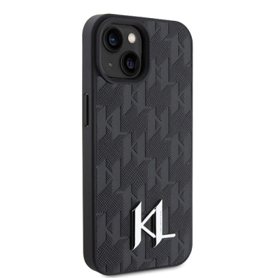 Mbështjellës telefoni Karl Lagerfeld Leather Monogram, për iPhone 15 14 13 6.1", i zi
