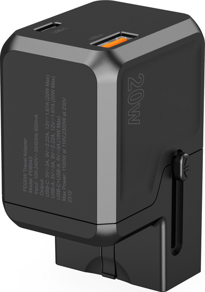 Karikues udhëtimi Choetech PD6043, 20W GaN, USB C edhe USB A, i zi