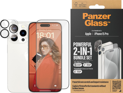 Mbrojtës ekrani PanzerGlass 2‑in‑1 për iPhone 15 Pro, Ultra‑Wide Fit, EasyAligner, transparent