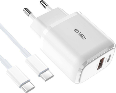 Karikues rrjeti Tech-Protect C20W, 20W PD QC 3.0, 2 porta, me kabllo USB-C, i bardhë