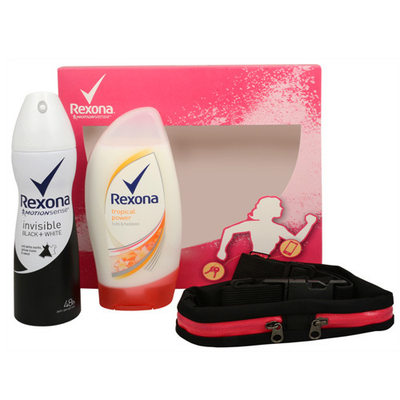 Set dhuratash Sprej antiperspirant Invisible Black and White 150 ml vs Gel për dush 250ml+dhurate rripi për vrapim Tropical Power Rexona