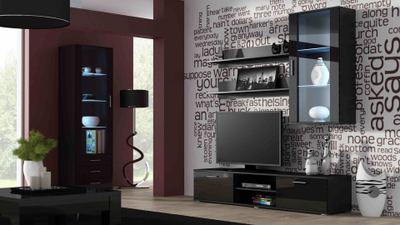 Kabinet muror SoHo, me vitrinë xhami, Black Gloss, i zi