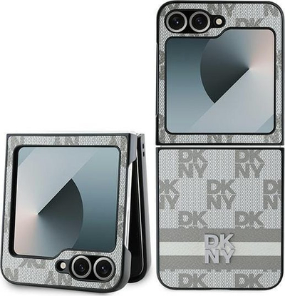 Futrollë telefoni DKNY PU Leather Checkered Stripe, për Samsung Galaxy Z Flip6, dizajn me logo, bezhë