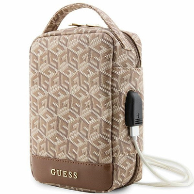 Чанта за во рака Guess GCube Stripe, синтетичка кожа, со USB порта, кафеава