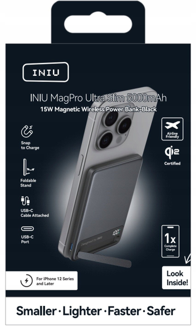 Power bank Iniu MagPro Ultra Slim, 5000mAh, 20W USB C PD me Qi2 dhe MagSafe, i zi