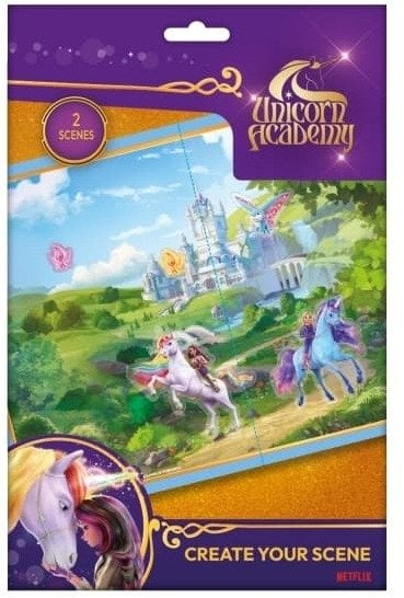 Set ngjitësa Unicorn Academy Create Your Scene, 2 skena, fletë 21 x 34 cm, shumëngjyrësh
