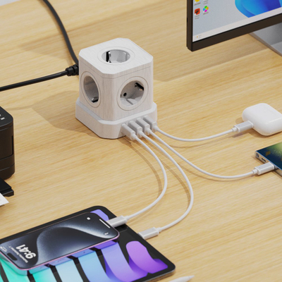 Shpërndarës energjie Newell GaN Power Cube 9‑në‑1, 5x AC, USB A dhe USB C, 1.5m, i bardhë