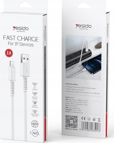Kabllo USB Type C YESIDO CA120C, 1m, 480 Mbps, e bardhë
