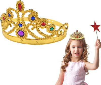 Kurorë princeshe Golden Diadem, për kalamaj, me gurela shumëngjyrëshe, ngjyrë flori