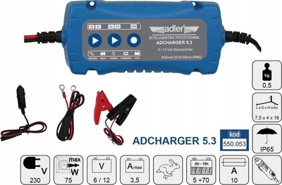 Karikues akumulatori Adler Adcharger 5.3, 6V 12V, 3.5A, blu
