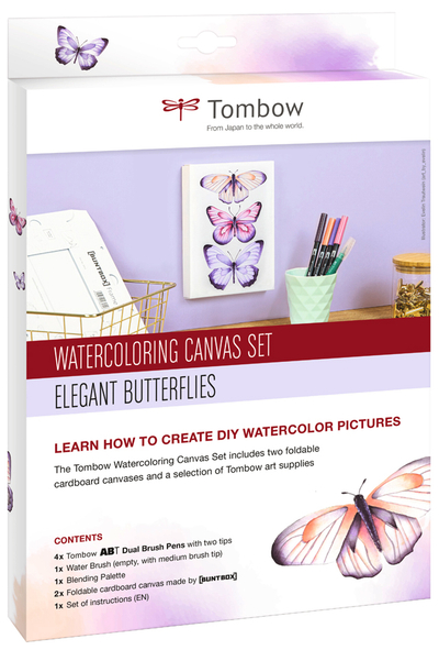 Set pikture me akvarel Tombow Watercoloring Canvas Elegant Butterflies, 2 kanavaca A5, 4 stilolapsa Dual Brush, shumëngjyrësh