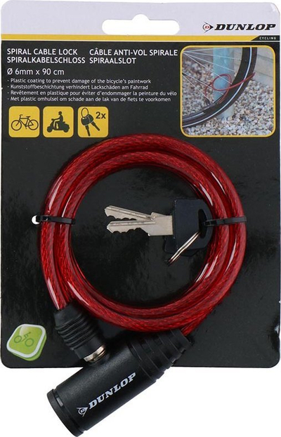 Kyç biçiklete Dunlop spiral, kabllo çeliku 6mm, 90cm, i kuq