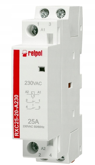 Kontaktor modular Relpol RXC25-20-A230, 2 pole, 25A 230VAC, i bardhë