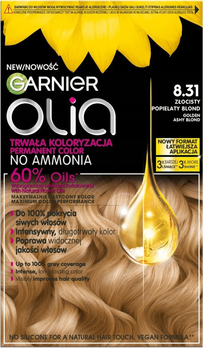 Ngjyrë flokësh Garnier Olia 8.31 Golden Ash Blonde, pa amoniak, e artë e ftohtë
