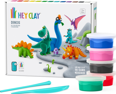 Set plasteline Hey Clay Dinos, 15 doza, tharje në ajër, shumëngjyrësh