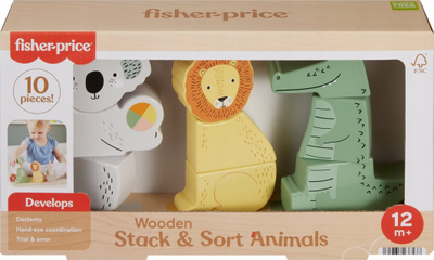 Lodër druri Fisher-Price Wooden Stack and Sort Animals, edukative, shumëngjyrëshe