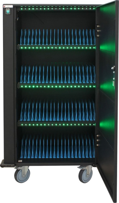 Karrocë karikimi Techly Charging Station Trolley 80 USB, për 80 pajisje, me rrota, e zezë