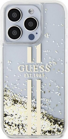 Mbrojtëse telefoni Guess Liquid Glitter Gold Stripes, për iPhone 15 Pro Max, hardcase, transparente