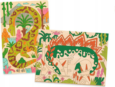 Set pikturimi në dru Djeco Dinos, 3 tabela, 7 markera me majë furçe, shumëngjyrësh