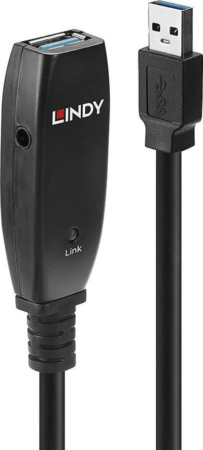 Kabllo USB 3.0 aktive Lindy, 15m, Type A mashkull–femër, e zezë