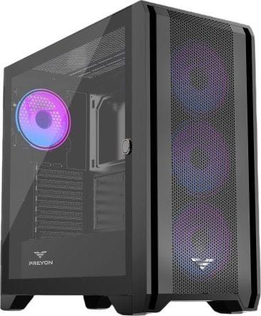 Kuti kompjuteri PREYON Nest Windy+, midi tower, ATX, e zezë me furnizues PREYON Eagle Power Gold 1000W
