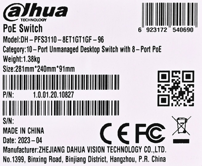 Switch PoE Dahua PFS3110-8ET1GF-96, 8 porta, Gigabit, i zi