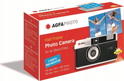 Фотоапарат AgfaPhoto Half Frame, филм 35mm, за повеќекратна употреба, црн