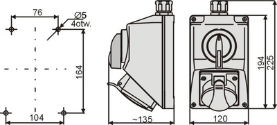 Set instalimi Elektromet me çelës ndarës L O P, 1x32A 4P 400V, prizë CEE 16A 5P, IP54