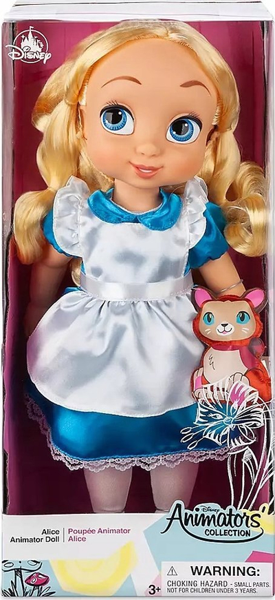 Kukull Disney Animators Alice, 39cm, me mace lodër, fustan blu e bardhë
