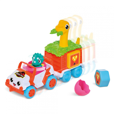 Set lodrash Tomy Toomies Jurassic World, xhip me rimorkio dino, shumëngjyrësh