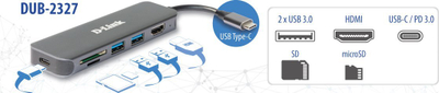 HUB USB D-Link DUB-2327, 6 në 1, USB-C, HDMI, gri
