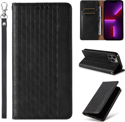 Kapak magnetik portofol për iPhone 14 Pro Max, me qëndrim, me rrip dore, i zi