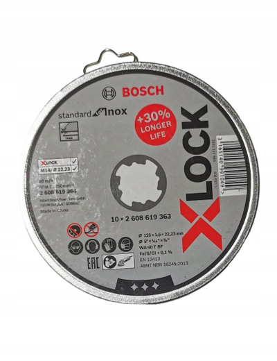 Disk prerës Bosch X-LOCK 2608619364, 125mm, INOX dhe çelik, set 10 copë