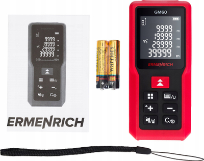 Meter lazer Ermenrich Reel GM60, 60m, për me mat distanca, kënde, sipërfaqe e vëllim