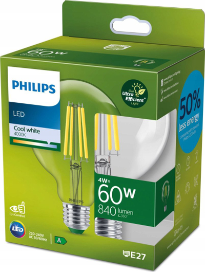 Llambë LED Philips Classic Globe, 4W 60W ekuivalente, E27, dritë e bardhë neutrale, transparente