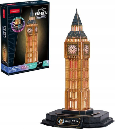 Puzzle 3D Cubic Fun Big Ben LED, 32 pjesë, model dekorativ, shumëngjyrësh