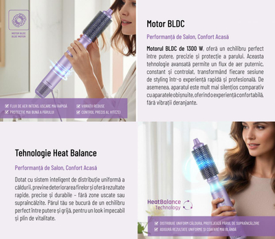 Stajler flokësh Heinner HAS-H13BLDC-V4, 1300W, shumëfunksional, rozë