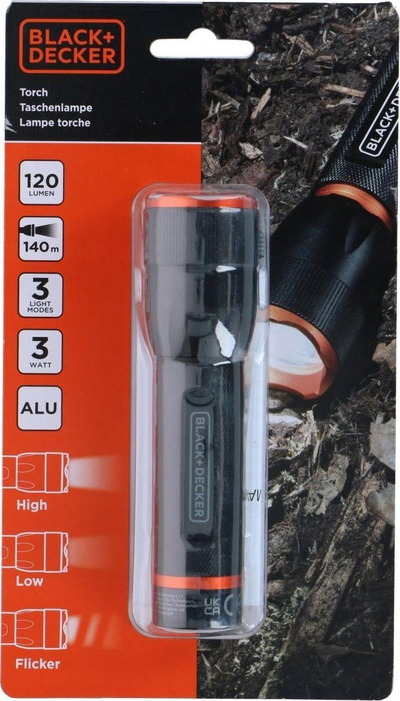 Dritë dore taktike Black+Decker, LED 3W, 120 lumens, ngjyrë e zezë