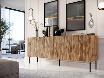 Komodë JUNGLE 190x40.5x74.5 cm, dekor lisi wotan, këmbë metalike të zeza