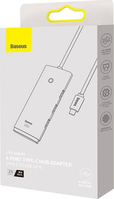 USB-C хаб Baseus Lite Series, 4 USB 3.0 порти, 25 cm, црн