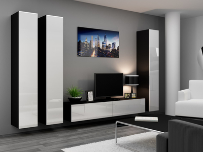 Komodë TV Bed RTV VIGO180, 180cm, panel druri, e zezë me të bardhë