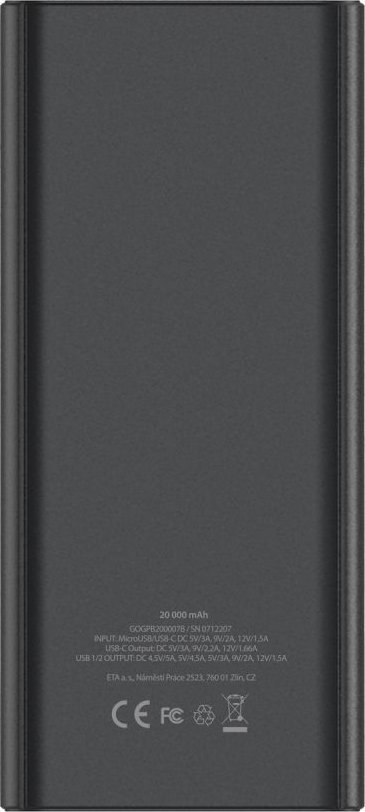 Надворешна батерија GoGEN PB200007B, 20 000 mAh, 20 W PD, црна